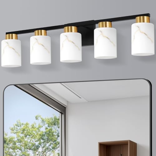 Image of 5-Light Bathroom Light Fixtures, Modern Vanity Lights, Black and Gold Metal Wall Lamp with White Marble Glass for Bathroom, Mirror, Living Room, Bedroom, Cabinet, Porch, Hallway, E26 Base