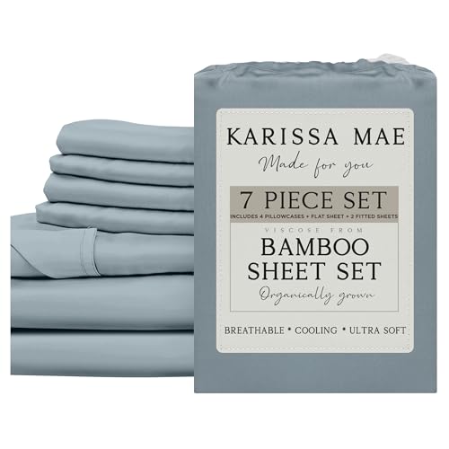 Image of KARISSA MAE 7 Piece Luxury Bamboo Viscose Split King Sheets, FSC Certified | Includes 2 Twin XL Fitted Sheets | Sleep Number & Adjustable Bed | Cooling | 18 inch Deep Pocket | 4 Pillowcases [Chambray Blue]
