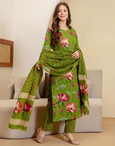 Image of SKYLEE Women's Cotton Printed Straight Kurta with Pant & Dupatta