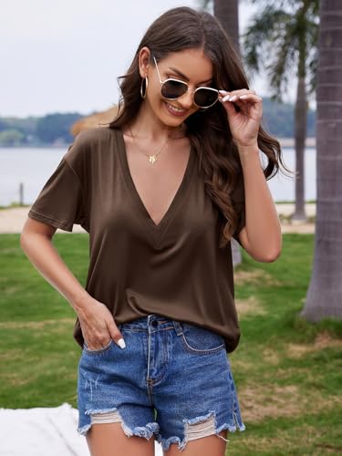 Image of UNCLECAT Womens Deep V Neck T Shirts Summer Oversized Short Sleeve Tops | V Neck, Sexy, Solid, Loose Fit, Casual, Trendy, Going Out, Daily Wear, Workout