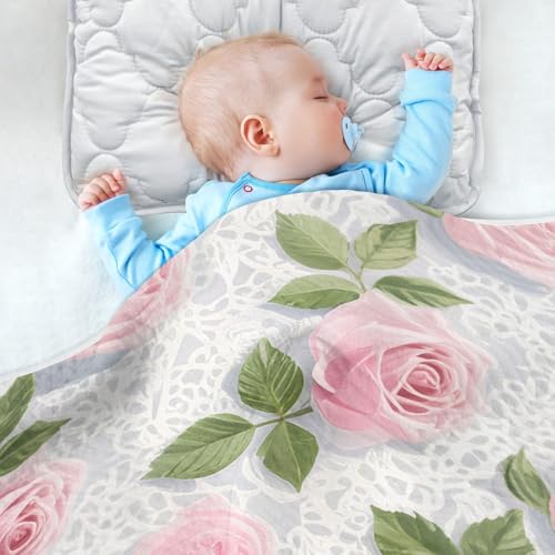 Custom Trendy Pink Lace Rose Flowers Blanket for car seat Cozy Customise Name Monogrammed Blankets for Nursery Stroller Crib 30x40in para Bebes recien nacidos4