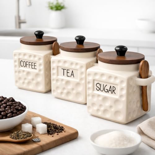 Image of The Deluxe Creations Ceramic Tea Coffee Sugar Jars Set with Wooden Lid & Spoon | Premium Kitchen Storage Canisters | Airtight Containers for Tea Coffee Sugar | 500 ML Each | Set of 3