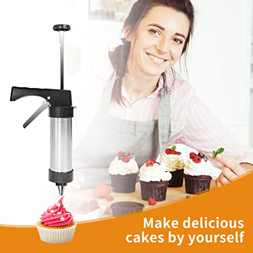 Cookie Press,Stainless Steel Icing Decoration Press Gun Kit With 13 Cookie Mold Discs 8 Piping Nozzles For Home Diy Biscuit Maker And Cake Decorating Tool #TOP6