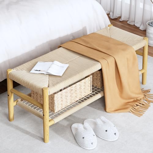 Recaceik-Indoor-Entryway-Bench-with-Paper-Cord-Ottoman-Grid-Storage-Rack-and-2-Baskets-Mid-Century-Long-Bench-with-Rubber-Wood-Legs-French-Vanity-End-Bed-Bench-for-Bedroom-Living-Room-Channel Recaceik Indoor Entryway Bench with Paper Cord Ottoman Grid Storage Rack and 2 Baskets Mid Century Long Bench with Rubber Wood Legs French Vanity End Bed Bench for Bedroom Living Room Channel