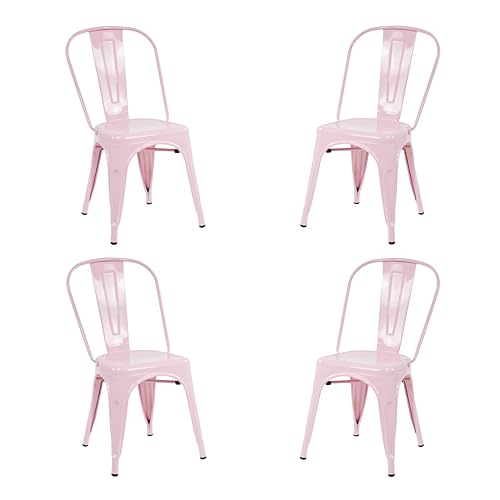 Vaukura Pack 4 sillas de Comedor de Metal apilables con Respaldo | Diseño Moderno para Cocina, Comedor, Bar y Cafetería | Estructura Acero Lacado Brillo Rosa 85x45x54cm