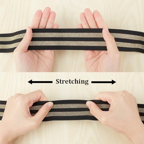 GORGECRAFT 40mm Wide Metallic Gold Striped Elastic Band 4.7 Yards Black Stretch Ribbon Trim Comfortable Glitter Stripes Headband for Waistband Sewing Craft Project Webbing Garment Accessories - Image 3