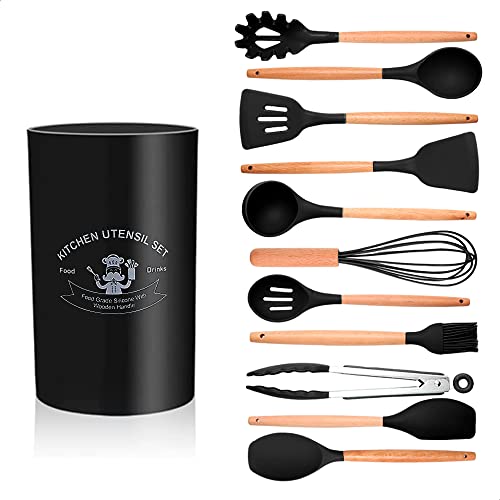 Conjunto de Utensílios de Cozinha em Silicone Antiaderentes com cabo de Madeira - Conjunto de Utensí