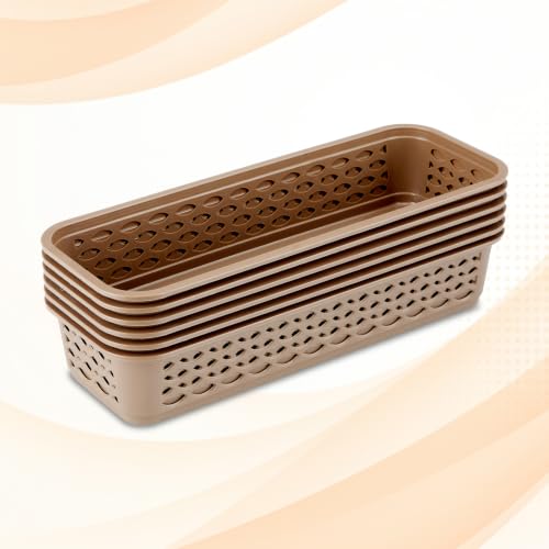 Image of RATAN PLASTICWARE Diana Tray Rectangular-Narrow (Pack of 6) Plastic Storage for Desk Basket /Organizers for Stationery, Jewellery, Tools,Kitchen, Office-Lt Brown