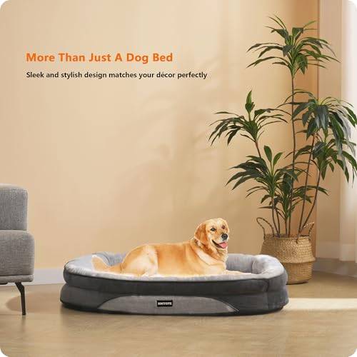 HMTOPE Orthopädisches Hundebett, Hundesofa, Vierseitiges Nackenrolle Kissen, rutschfeste Unterseite Hundekorb, Abnehmbar und Waschbar, Mittelgroße Hunde, Grosse Hunde, 106 x 79 x 17 cm, Hellgrau