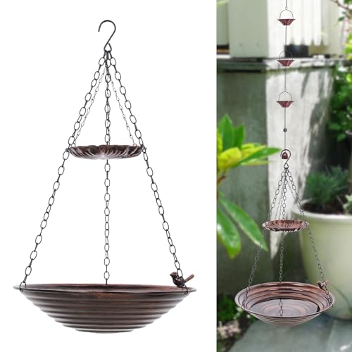 Qipade 13 inch Rain Chain Basin Metal Rain Chains Anchoring Bowl Dish DIY Rain Chain Basin for Gutter Downspout Copper Hanging Birdbath for Outdoor Garden Patio Decor