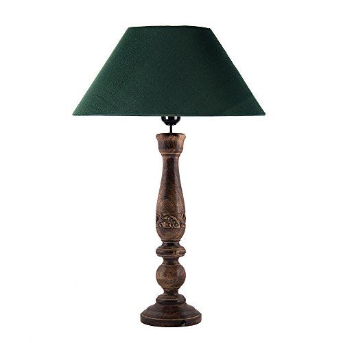 Image of Homesake Handcrafted Wooden Table Lamp for Bedroom & Living Room | Decorative Bedside Reading Lamp with Fabric Shade, E27 Holder | Bulb Included | Black Floral Carved Base for Home Decor, Green Cone