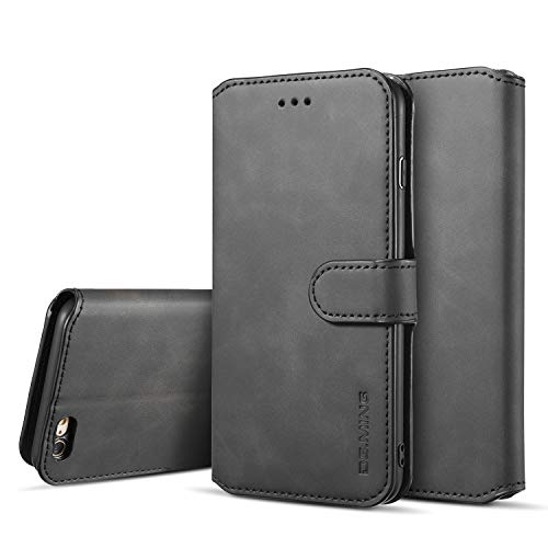 UEEBAI PU Leather Case for iPhone 6 Plus iPhone 6S Plus, Vintage Retro Premium Wallet Flip Cover TPU Inner Shell [Card Slots] [Magnetic Closure] Stand Function Folio Shockproof Full Protection - Black