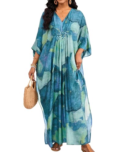 Bsubseach Plus Size Kaftan Dresses for Women V Neck Swimsuit Coverup Floral Print Caftan Maxi Beach Dress