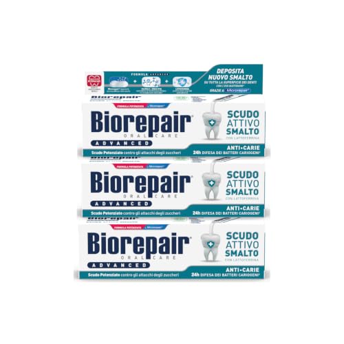 Biorepair, Dentifricio Advanced Scudo Attivo Smalto, 3 x 75ml | Anti-Carie, Con MicroRepair, Lattoferrina e Zinco PCA, Senza Fluoro
