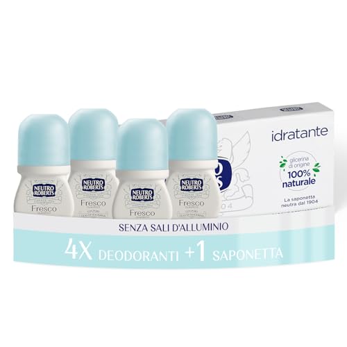 Neutro Roberts, Deodorante Roll On Fresco Classico, Zero Sali di Alluminio, Zero Macchie, Con Puro Olio di Glicerina, Deodorante Uomo e Donna, Plastica 100% riciclata, 48h - 4 Pezzi da 50 ml