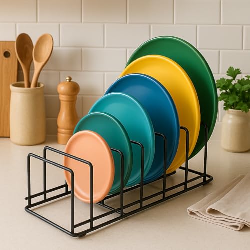 Image of Kitchen Pan Organizer Rack, 6 Slots, Black Iron, Countertop Mounting, 17.78 x 22.86 x 21.59 cm