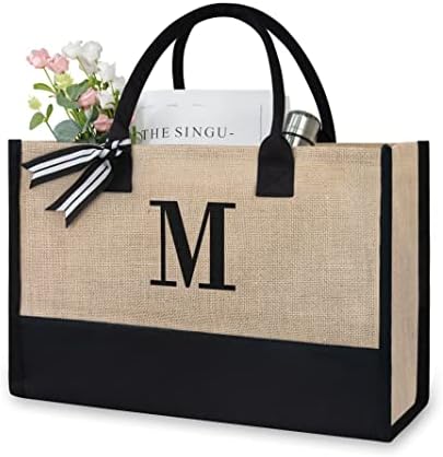 TOPDesign Initial Jute/Canvas Tote Bag, Personalized Present Bag, Suitable for Wedding, Birthday, Beach, Holiday, is a Great Gift for Women, Mom, Teachers, Friends, Bridesmaids (Letter M)