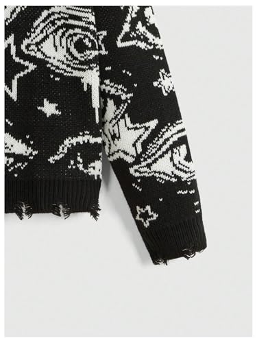 Image of WDIRARA Women's Goth Cartoon Pattern Sweater Knit Pullover Top | Long Sleeve, Crewneck