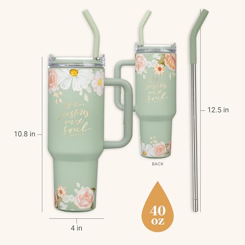 Image of Christian Art Gifts Inspirational Stainless Steel Double-Wall Insulated XL Travel Mug Tumbler Thermos for Women: He Restores My Soul Scripture, Reusable Straw, Twist Lid, Light Green Floral, 40 oz.
