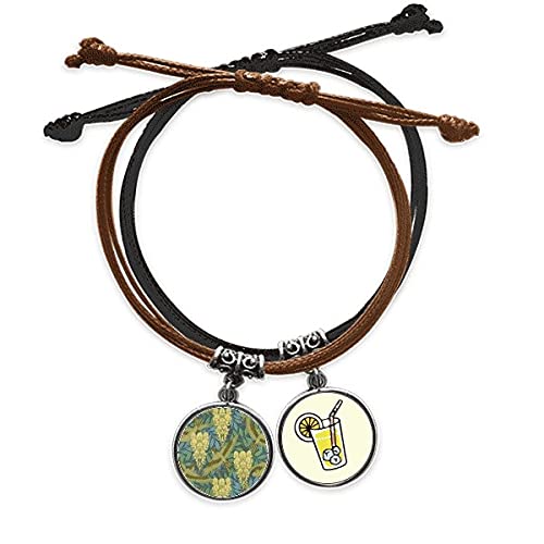 Bracelet cuir feuilles fleurs oiseaux et chaîne en corde tressée