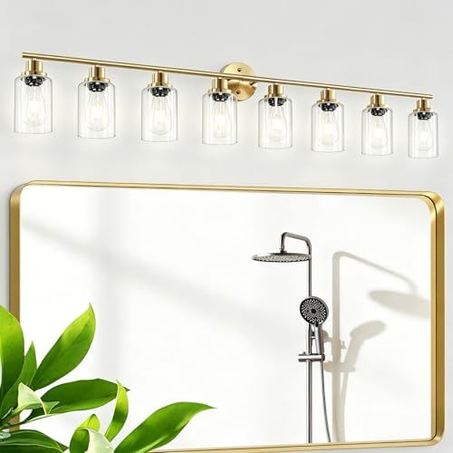 Image of 8-Light Brushed Gold Vanity Lights for Bathroom, Lighting Fixtures Over Mirror with Clear Glass Shade, Modern Kitchen Light Fixtures Wall Lamps Sconce Light - E26 Base