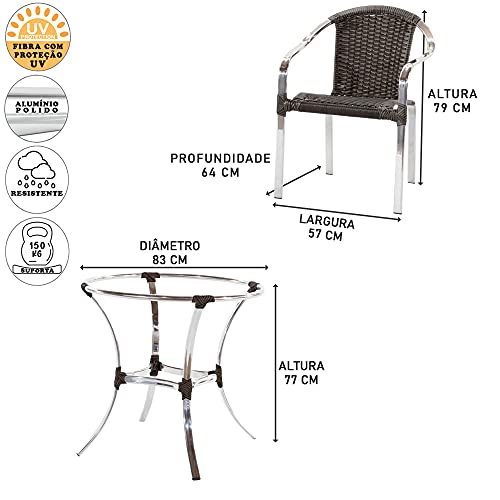 Conjunto Tóquio Alumínio 04 Cadeiras + 01 Mesa Alta de centro para Área Externa, Interna, Sacada, Va