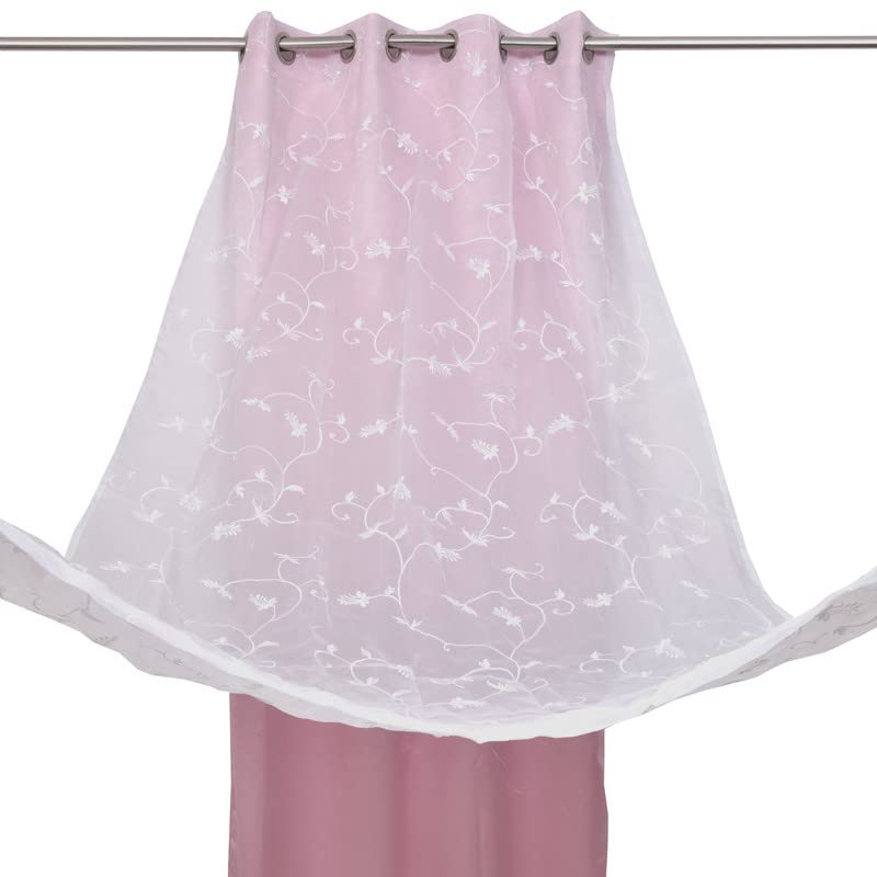 Image of 2 in 1 Embroidery Transparent Polyester Door Curtain with 80% Blackout Set of 2 Pieces(6 Feet, White Embroidery+Pink Blackout)