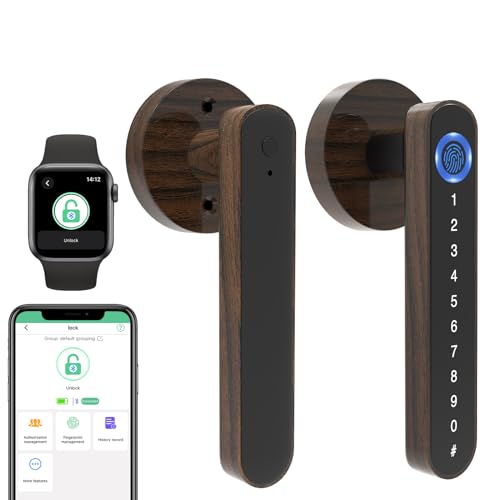 eLinkSmart - Manija de huella dactilar, cerradura de puerta inteligente de metal de grano de madera, perilla de puerta de entrada sin llave para puerta de dormitorio, color madera, aplicación