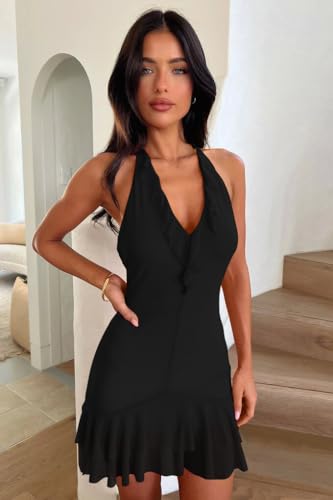 Lagshian LA280-BLACK-L Women'S Summer Sleeveless Halter V Neck Backless Mesh Ruffle Bodycon Mini Party Dress Black thumb #1