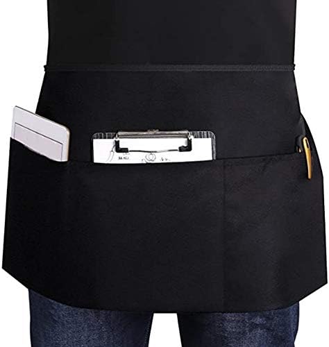 Waitress Apron with Pockets, Half Apron, Waist Apron, Black Short Apron, Black Waiter Waitress Apron, Waterproof Chef Apron Cooking Apron for Kitchen Restaurant Gardening Bbq for Men and Women