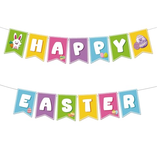Image of Happy Easter Banner for Easter Party Decorations Indoor Outdoor Egg Bunny Hanging Decor