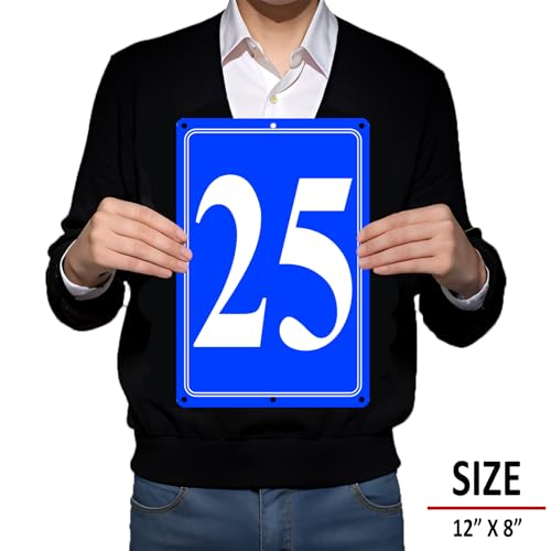 Image of Premium Aluminum Number Signs 25, Metal 12 inch X 8 inch Blue Numbered Signs Outdoor for Parking Lots, Floor, Dock, Court, Aisle, Field, High Visibility, No Fade, Weather-resistant