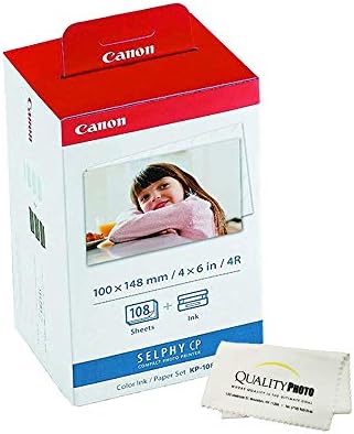 Canon KP-108IN 3 Color Ink Cassette and 108 Sheets 4 x 6 Paper Glossy for SELPHY CP1300, CP1200, CP910, CP900, CP760, CP770, CP780 CP800. Bonus: Quality Photo Microfiber Cloth