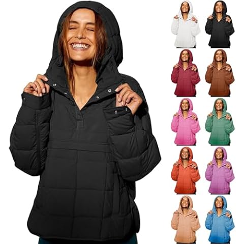 Mmoneyake Women's Quilted Pullover Puffer Jacket Oversized Long Sleeve Hooded Coats Lightweight Winter Warm Pullover Outwear Cover