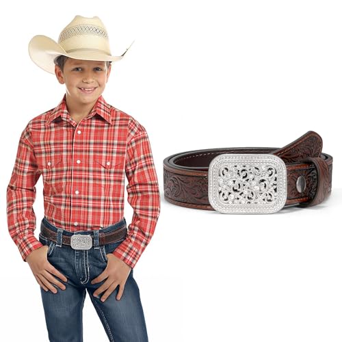 Kids Western Belt for Boys Girls Genuine Leather Cowgirl Cowboy Belt Floral Engraved Tooled Belt with Embossed Buckle