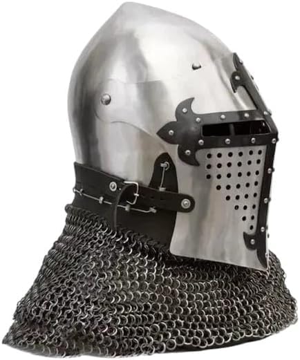 Medieval Knight Battle Helmet with Chainmail Neck Guard, Steel Construction, Crusader Style Armor with Ventilated Visor, Historical Reenactment Costume Accessory