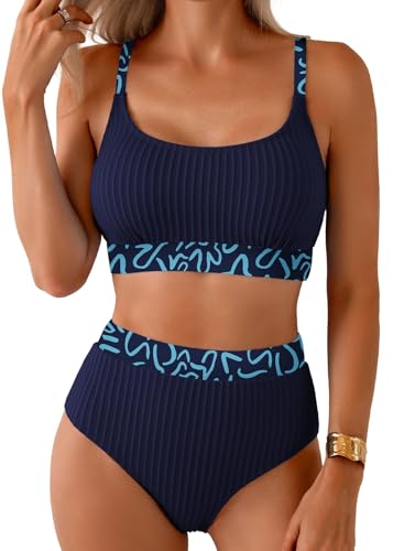 Image of Herseas Women's Textured Bikini Sets Floral Print Trim Scoop Neck Swimsuits High Waisted Bathing Suits