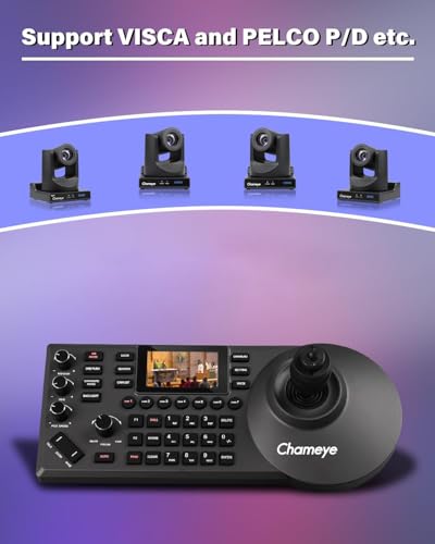 Chameye PTZ Kamera Controller mit 4D Joystick und 3-Zoll-Bildschirm, mit RS232/485, LAN(PoE), 7-Kameras-Verknupfungen, VISCA, PELCO-D/P Unterstützt 255 Voreingestellte Positionen, E300