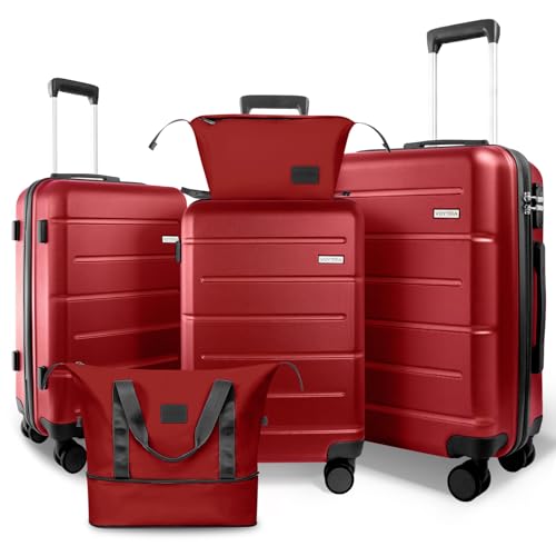 Image of 5-Piece 20 inch 24 inch 28 inch ABS Hardshell Luggage Set, Lightweight Suitcase with TSA Lock & Quiet Spinner Wheels for Business and Family Travel (20 /24 /28 /DB /TB Vibrant Red)