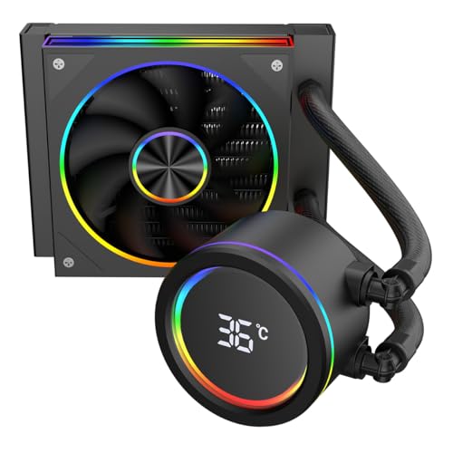 CiT Saturn 120mm AIO CPU Liquid Cooler - 120mm Radiator - 120mm Saturn ARGB PWM Fans - Smart Digital CPU temperature Display - AM5, AM4 - LGA 1700, 1200/115X, 1366, 2011, 2066 Compatible | Black