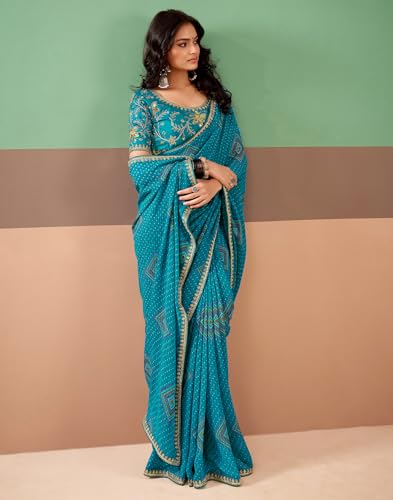 Image of SIRIL Women's Georgette Bandhani Printed, Embroidery Lace Saree With Unstitched Blouse Piece