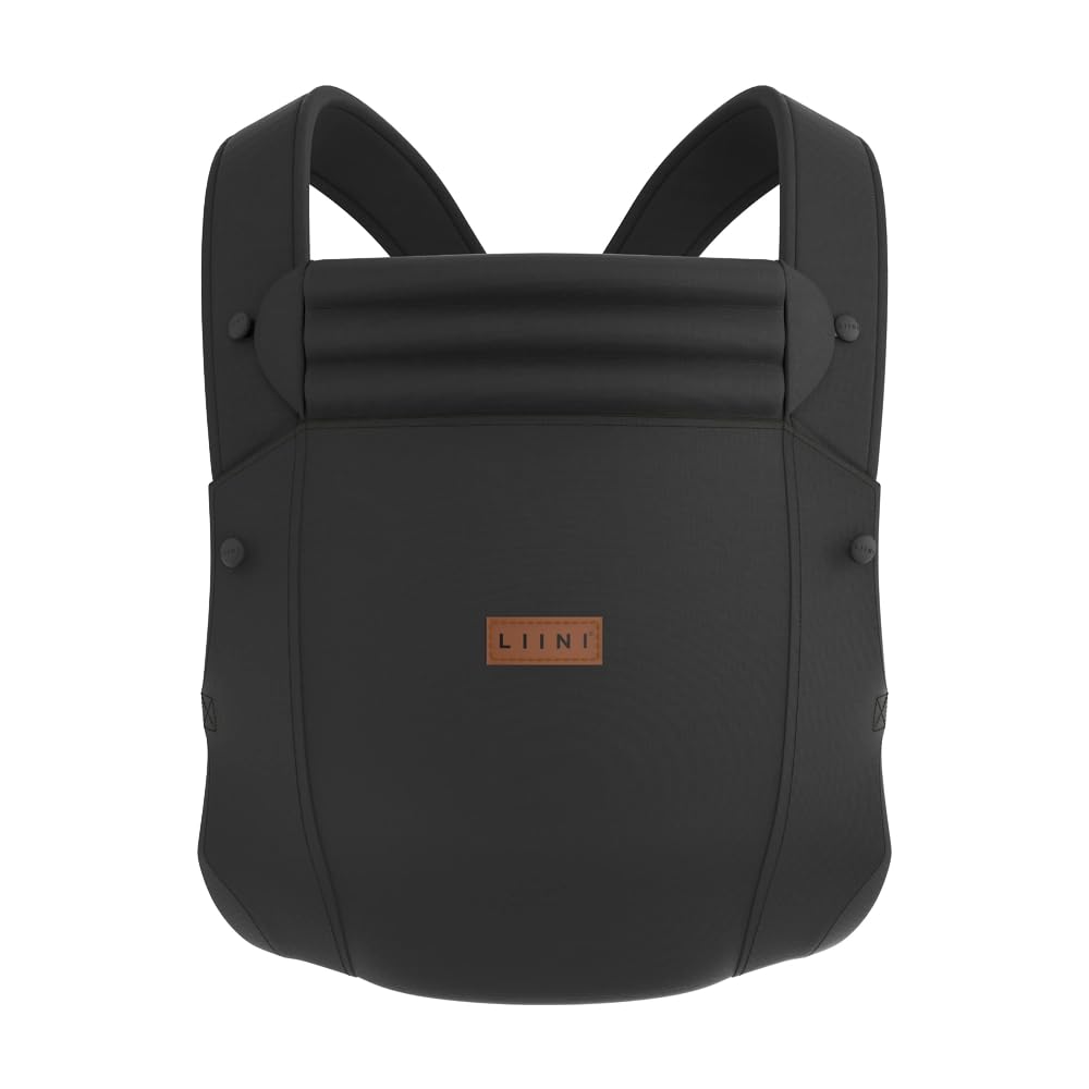LIINI® Babytrage aus Baumwolle (Schwarz) – ab Geburt (3,5 kg) bis 15 kg, verstellbare Träger, Kopfstütze, Klickverschluss, ergonomisch & bequem – CE EN71-3 & SGS EN13209-2