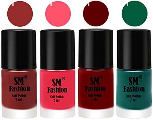 Image of Nail Polish Combo Set (Pack of 4) Quick Dry Gel Finish Nail Paint | Jam,Dark Pink,Dark Red,Green | 7 ml Each