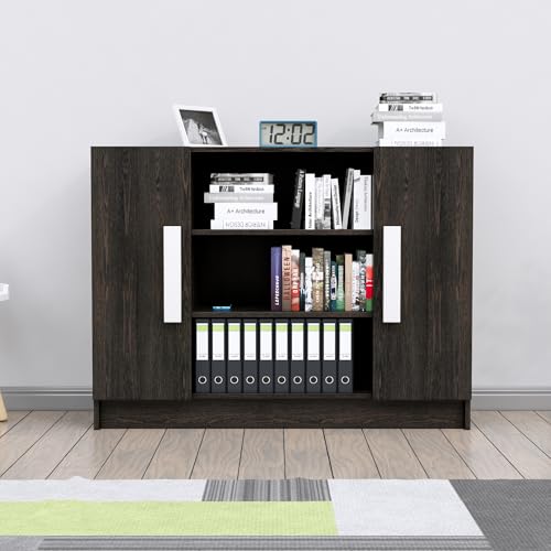 Image of Bniture Storage Cabinet Wooden Sideboard for Living Room with 3 Shelf and 2 Door | Multipurpose Book Shelf Storage Organizer Cabinet for Office Home Hallway Drawing Room Bedroom | Flower Wenge