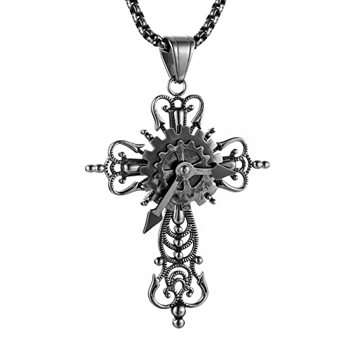 Collier croix homme acier inoxydable et pendentif steampunk HZMAN