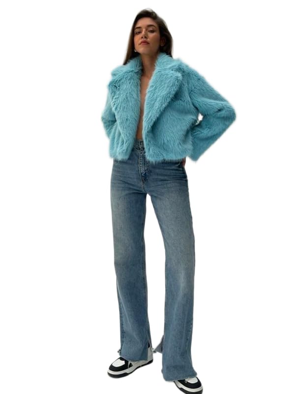 Patakadevi | Sky Blue Faux Fur Crop Jacket For Women | For Casual Social Outings And Weekend Events | Shaggy Full Sleeve Winter Outerwear | Trendy Dinner Coat-picture-36
