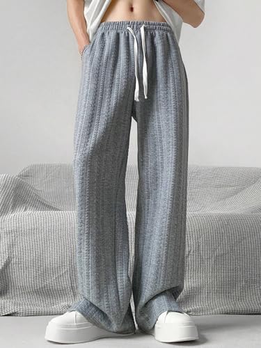 ZAFUL Mens Textured Straight Casual Pants Baggy Drawstring Elastic Waist Bottom Lounge Split Cuff Trousers with Pockets3