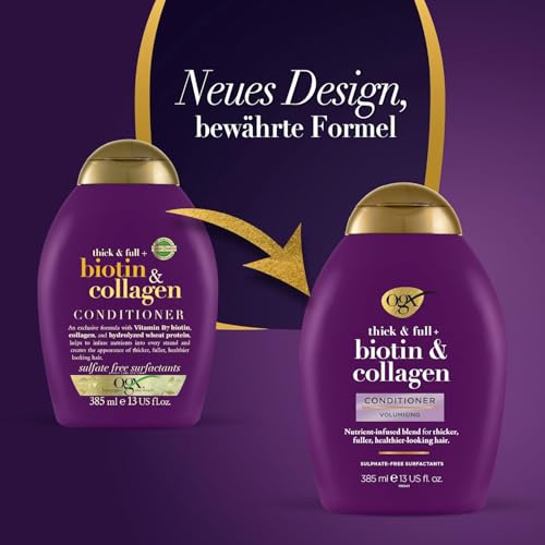 OGX Biotin & Collagen Conditioner (385 ml), reichhaltige Haarspülung für 72h+ Volumen & Fülle mit Biotin & Kollagen, Haarpflege Volumen Spülung für feines & dünnes Haar mit LipiPro Shield Technologie