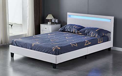 sensoreve-Lit Double pour Adulte Couchage 140 x 200 cm avec sommier, tête de lit avec LED intégrées, revêtement synthétique (Blanc) Cover