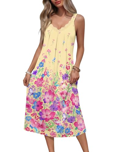 Ekouaer Sleeveless Nightgowns for Women Lace V-neck Long Nightdress Wide Strap Sleepwear Soft Lounge Dresses, Yellow Floral, M